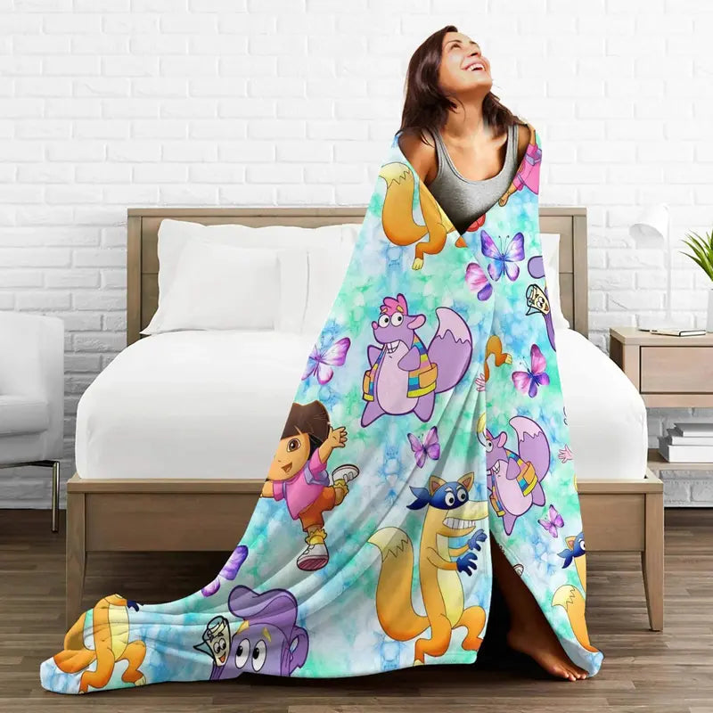 Dora The Explorer Cartoon Flannel Blanket, Soft lightweight travel blankets, cooling blankets, bedding, bed accessories, Airplane Home Throw Bedspread Birthday Gift For Kids Fans