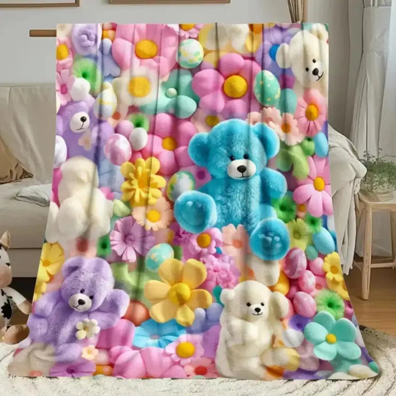 Pastel Floral Print Teddy 2D-Style Plush Throw Blanket, Super Soft Lightweight All-Season Bedding, Cute Kawaii Kids' Bedroom Decor, Holiday Birthday Christmas Gift for Children