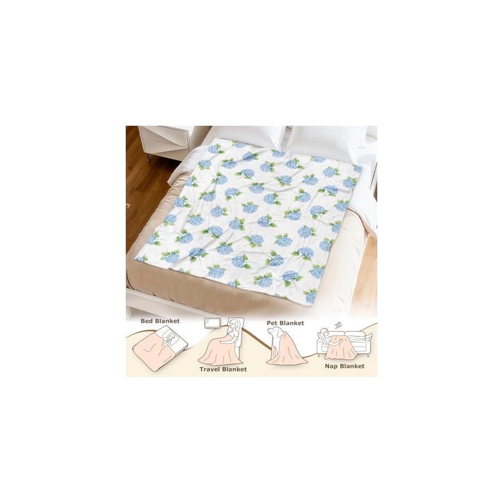Hydrangea Floral Blanket Gifts for Women Girls Blue Flowers Flannel Throw Blankets for Kids White Blue Flowers Painting Blanket for Living Room Couch Bed Sofa Decor Birthday (50X60 Inch)