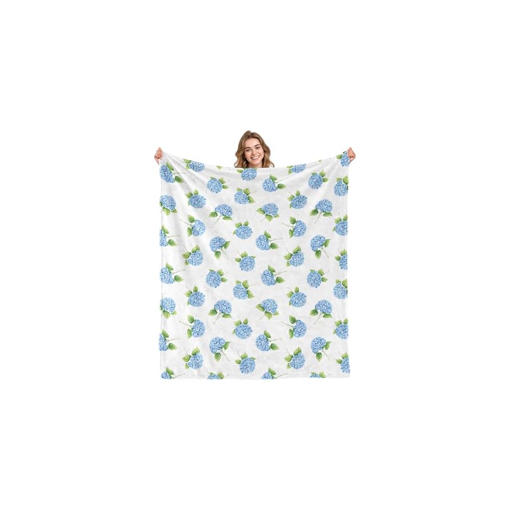 Hydrangea Floral Blanket Gifts for Women Girls Blue Flowers Flannel Throw Blankets for Kids White Blue Flowers Painting Blanket for Living Room Couch Bed Sofa Decor Birthday (50X60 Inch)