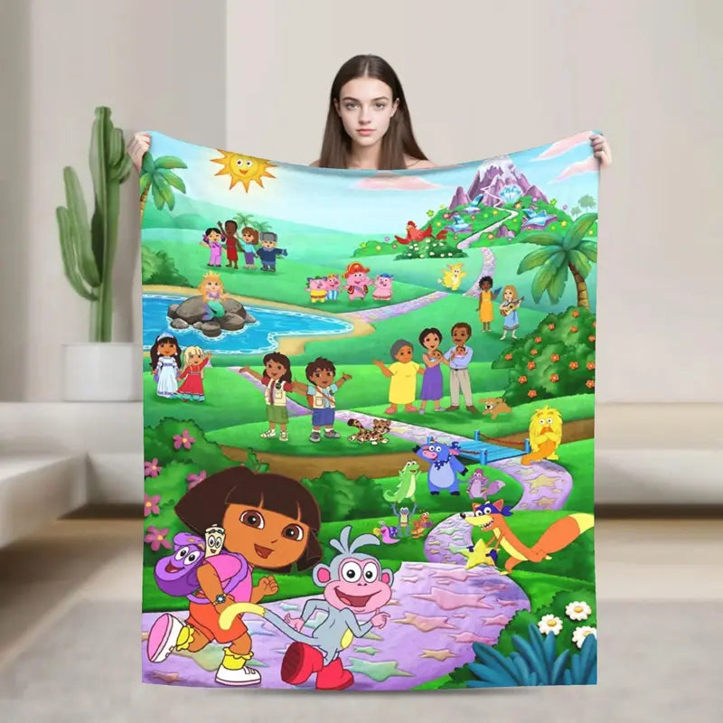 Dora The Explorer Cartoon Flannel Blanket, Soft lightweight travel blankets, cooling blankets, bedding, bed accessories, Airplane Home Throw Bedspread Birthday Gift For Kids Fans