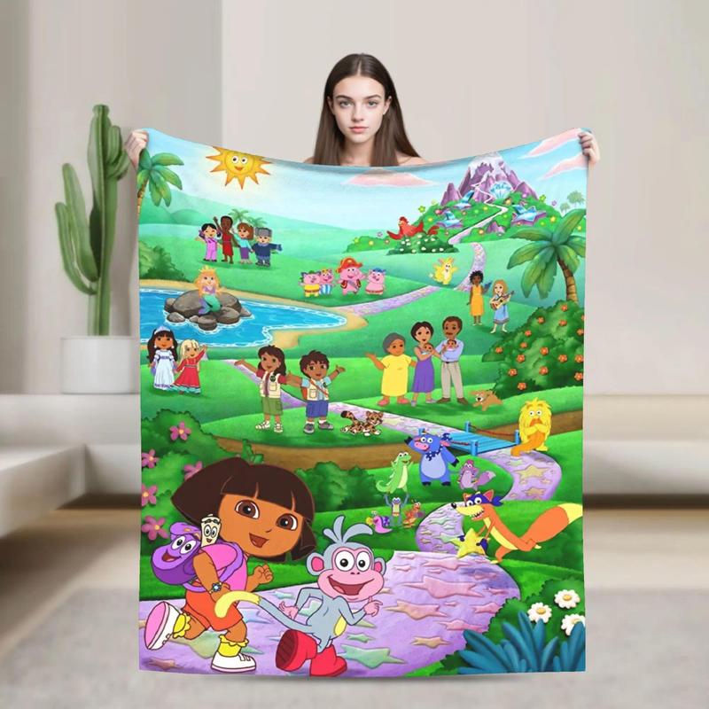 Dora The Explorer Cartoon Flannel Blanket, Soft lightweight travel blankets, cooling blankets, bedding, bed accessories, Airplane Home Throw Bedspread Birthday Gift For Kids Fans