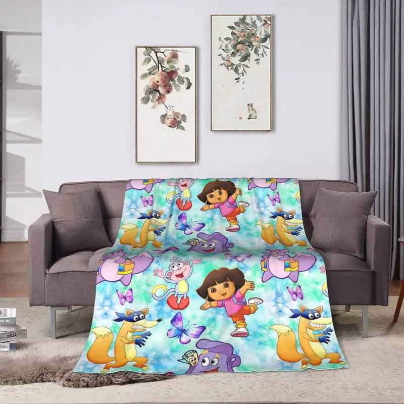 Dora The Explorer Cartoon Flannel Blanket, Soft lightweight travel blankets, cooling blankets, bedding, bed accessories, Airplane Home Throw Bedspread Birthday Gift For Kids Fans