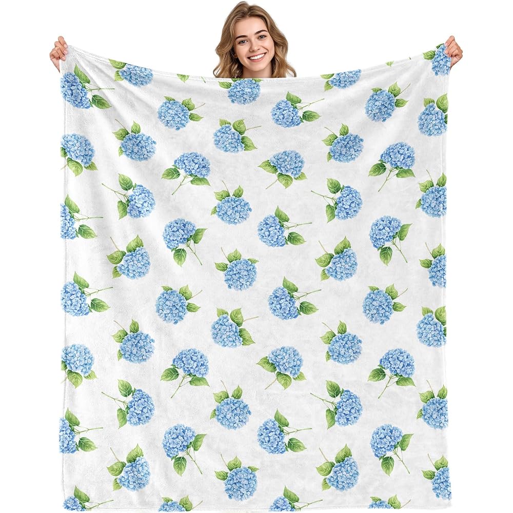 Hydrangea Floral Blanket Gifts for Women Girls Blue Flowers Flannel Throw Blankets for Kids White Blue Flowers Painting Blanket for Living Room Couch Bed Sofa Decor Birthday (50X60 Inch)