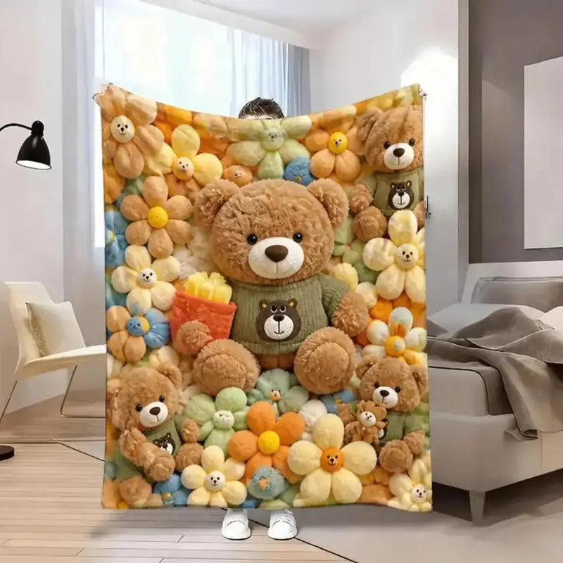 Pastel Floral Print Teddy 2D-Style Plush Throw Blanket, Super Soft Lightweight All-Season Bedding, Cute Kawaii Kids' Bedroom Decor, Holiday Birthday Christmas Gift for Children