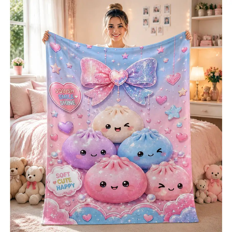 Ultra Soft Kawaii Squish Dumpling Galaxy Bow Flannel Bedding Throw - Anime Theme, Pastel Pink Blue Star Heart Print, Cozy Sofa Bed Decorative Blanket for Couch Dorm, Trendy Room Decor Birthday Gift