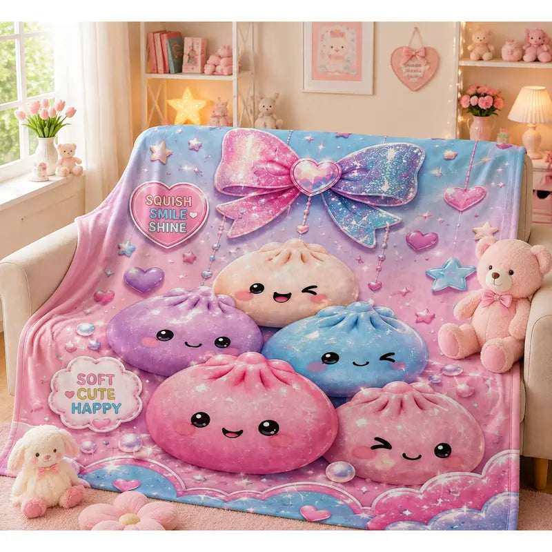 Ultra Soft Kawaii Squish Dumpling Galaxy Bow Flannel Bedding Throw - Anime Theme, Pastel Pink Blue Star Heart Print, Cozy Sofa Bed Decorative Blanket for Couch Dorm, Trendy Room Decor Birthday Gift