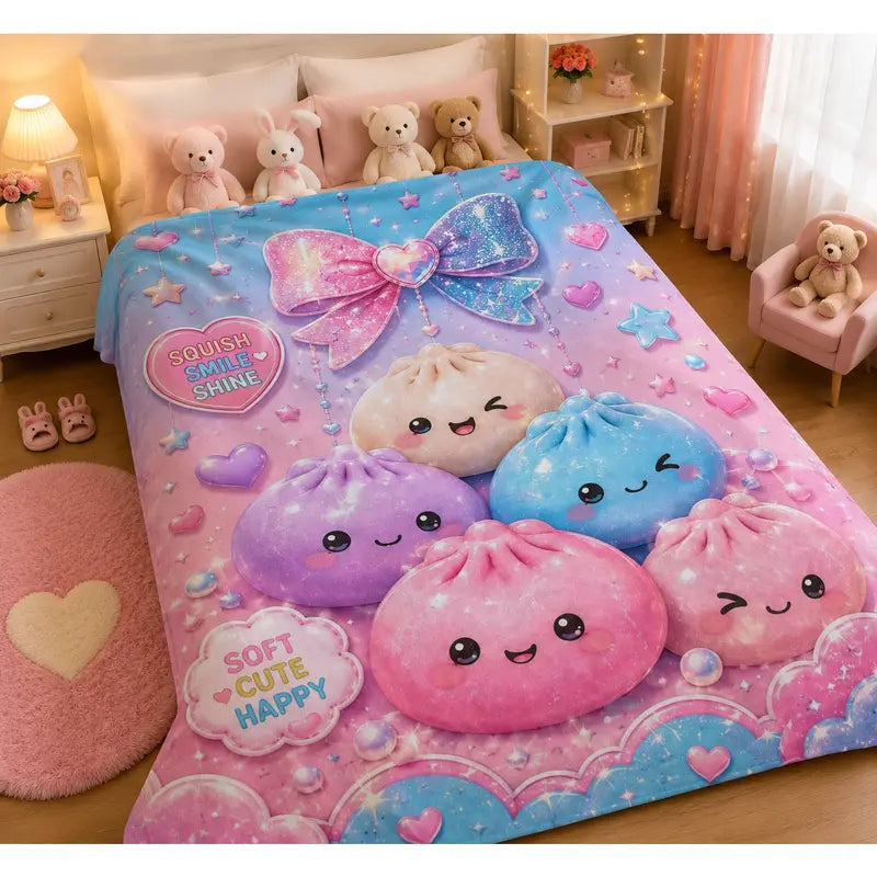 Ultra Soft Kawaii Squish Dumpling Galaxy Bow Flannel Bedding Throw - Anime Theme, Pastel Pink Blue Star Heart Print, Cozy Sofa Bed Decorative Blanket for Couch Dorm, Trendy Room Decor Birthday Gift